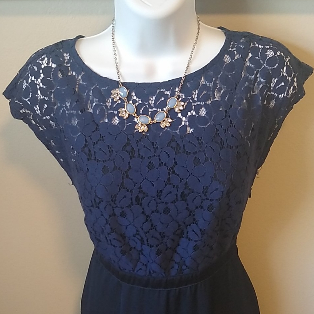 Navy Blue Dress with Lace Pattern